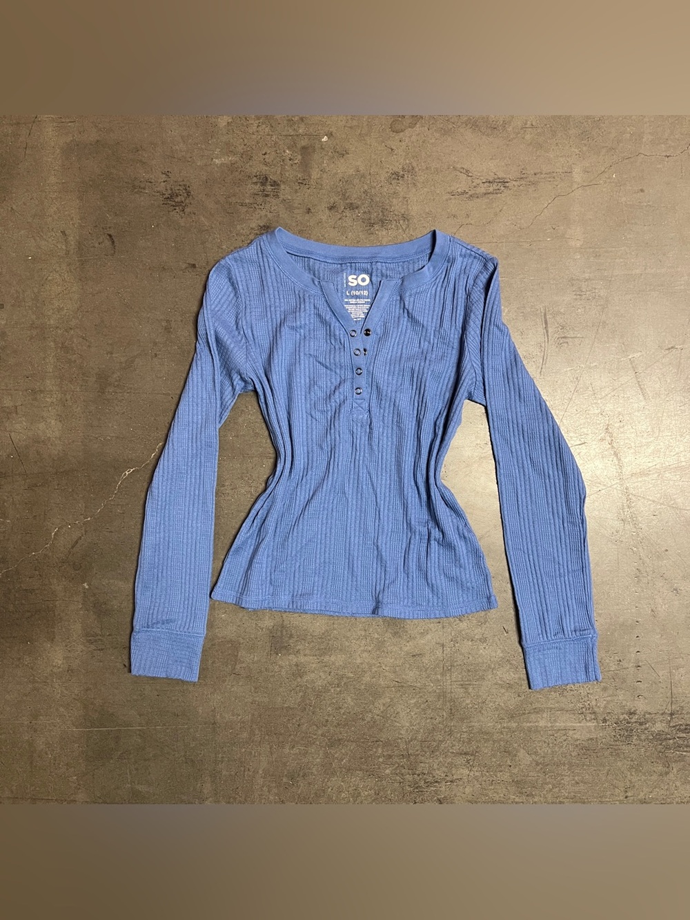 SO Periwinkle Blue Ribbed Henley Long Sleeve Top